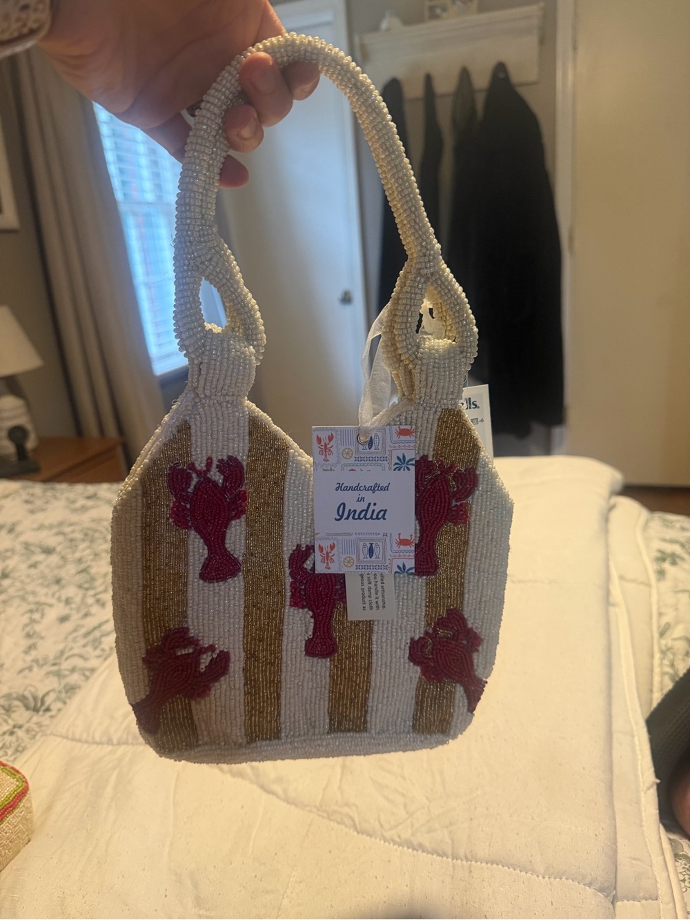 NWT Handcrafted in India Lobster Beaded Mini Tote Bag Cabana Stripe